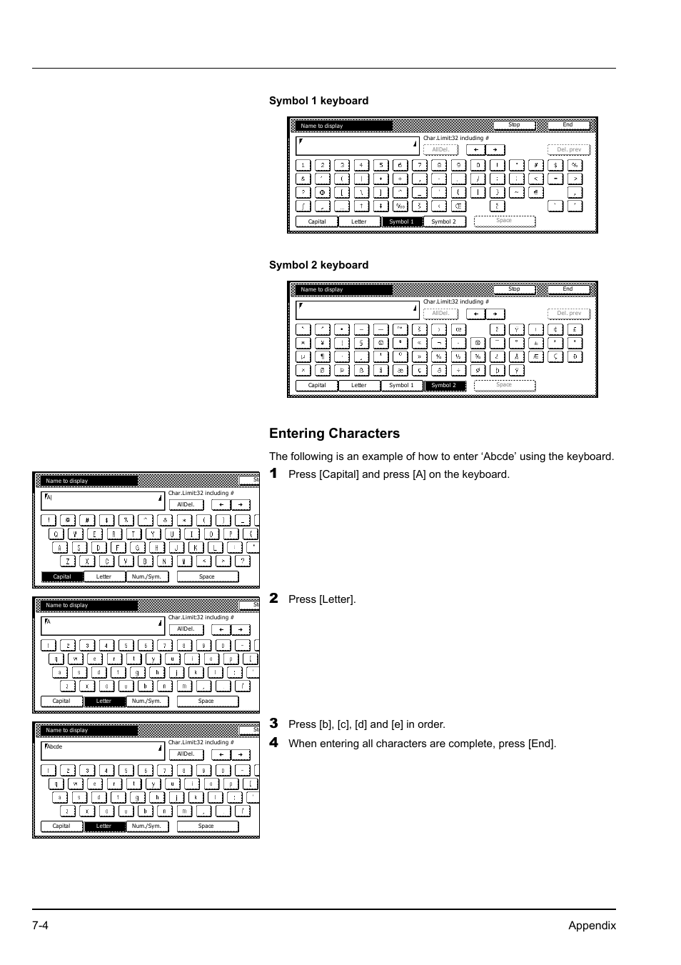 Entering characters, 4 appendix symbol 1 keyboard symbol 2 keyboard, Press [capital] and press [a] on the keyboard | Press [letter, Press [b], [c], [d] and [e] in order | Kyocera KM-2540 User Manual | Page 106 / 119