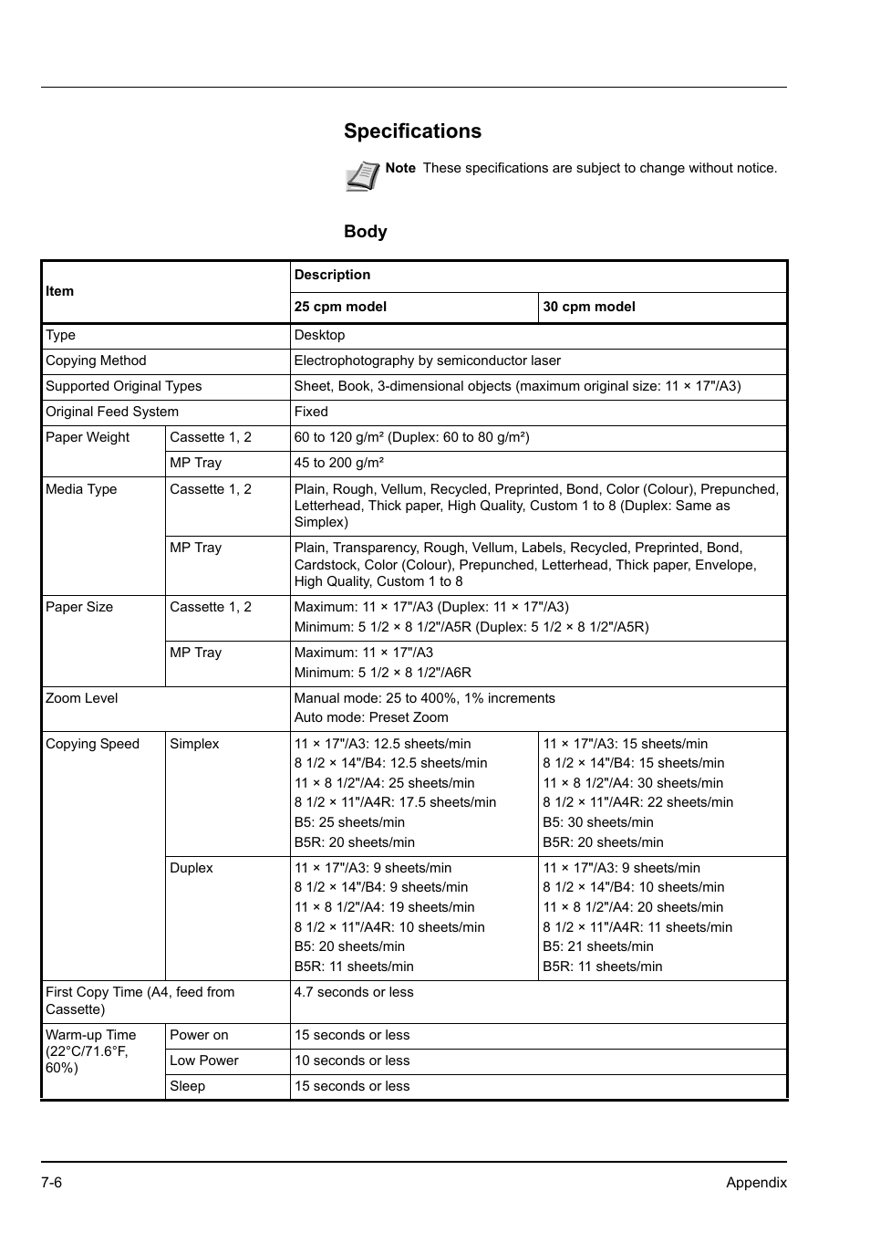 Specifications, Body, Specifications -6 | Body -6 | Kyocera KM-2540 User Manual | Page 108 / 119