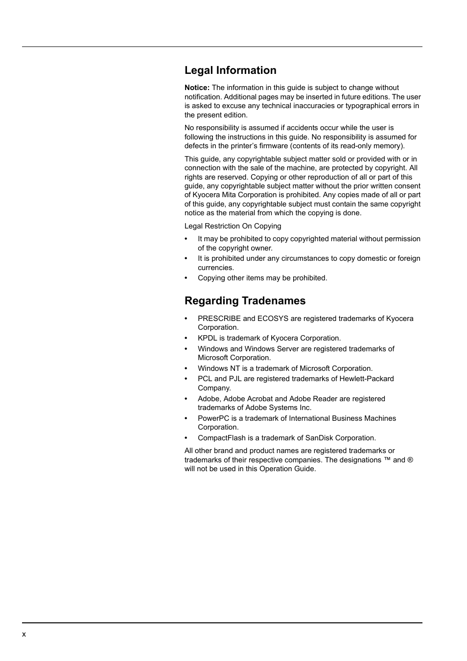 Legal information, Regarding tradenames | Kyocera KM-2540 User Manual | Page 12 / 119