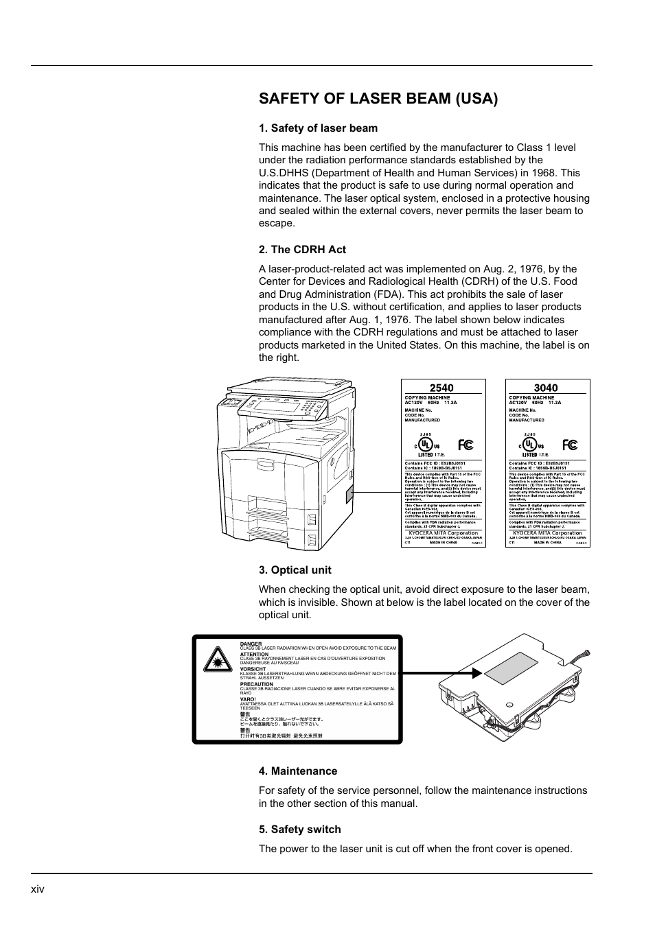 Safety of laser beam (usa) | Kyocera KM-2540 User Manual | Page 16 / 119