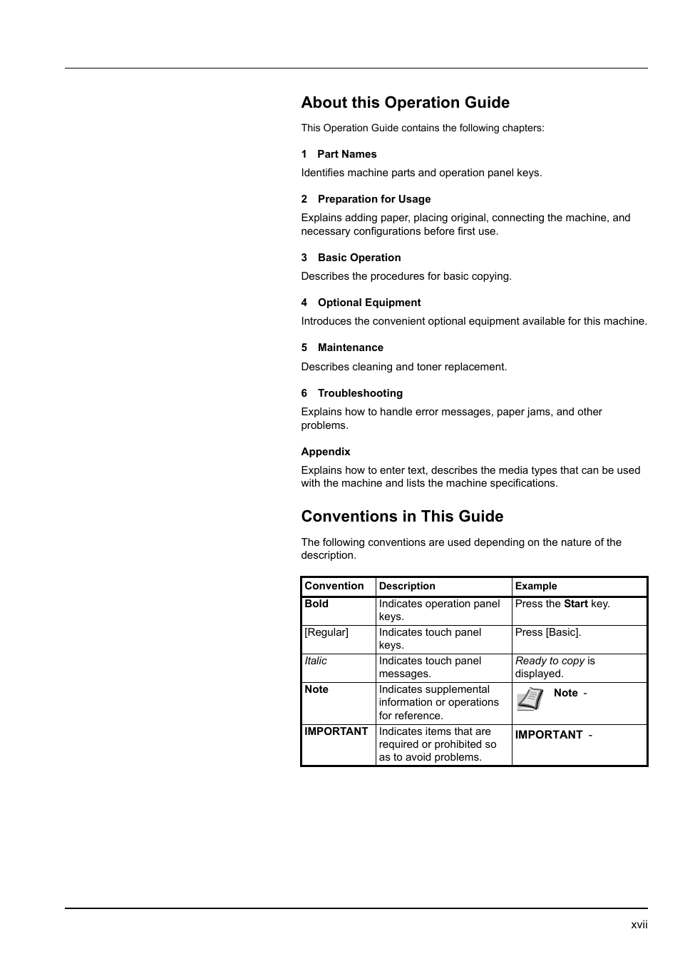 About this operation guide, Xvii, Conventions in this guide | Kyocera KM-2540 User Manual | Page 19 / 119