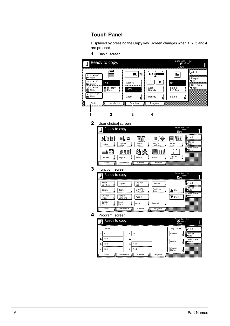 Touch panel, Touch panel -6, Ready to copy | 6 part names, Basic] screen, User choice] screen, Function] screen, Program] screen | Kyocera KM-2540 User Manual | Page 26 / 119