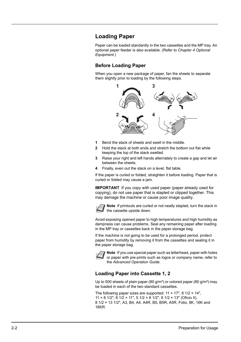 Loading paper, Before loading paper, Loading paper into cassette 1, 2 | Loading paper -2 | Kyocera KM-2540 User Manual | Page 28 / 119
