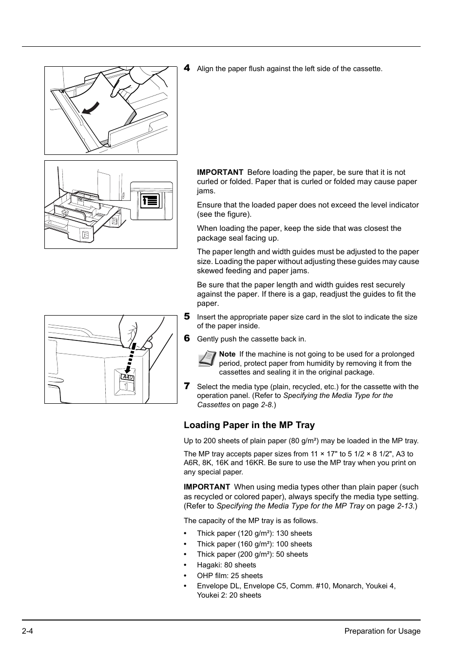 Loading paper in the mp tray, Loading paper in the mp tray -4 | Kyocera KM-2540 User Manual | Page 30 / 119