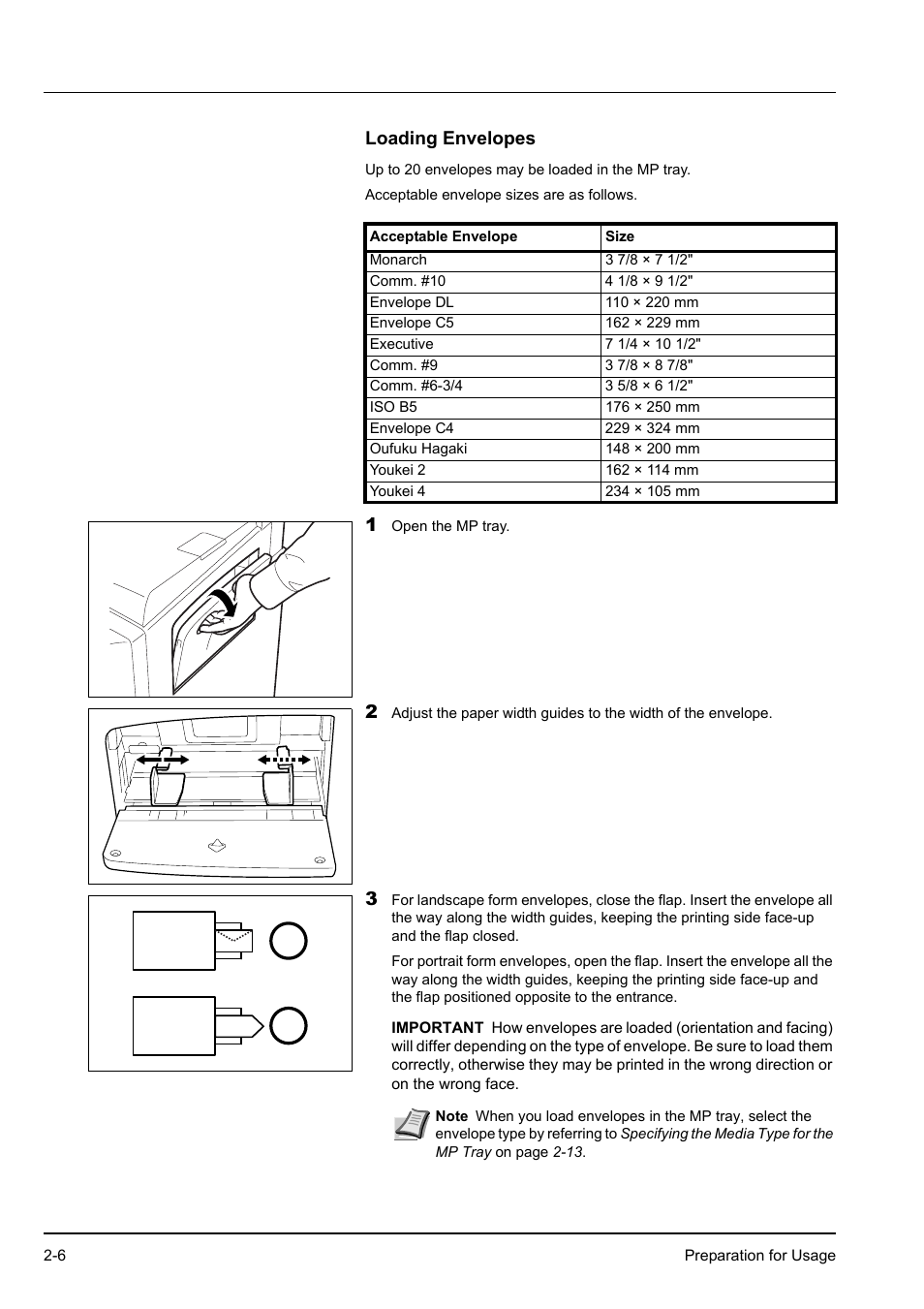 Loading envelopes, Loading envelopes -6 | Kyocera KM-2540 User Manual | Page 32 / 119