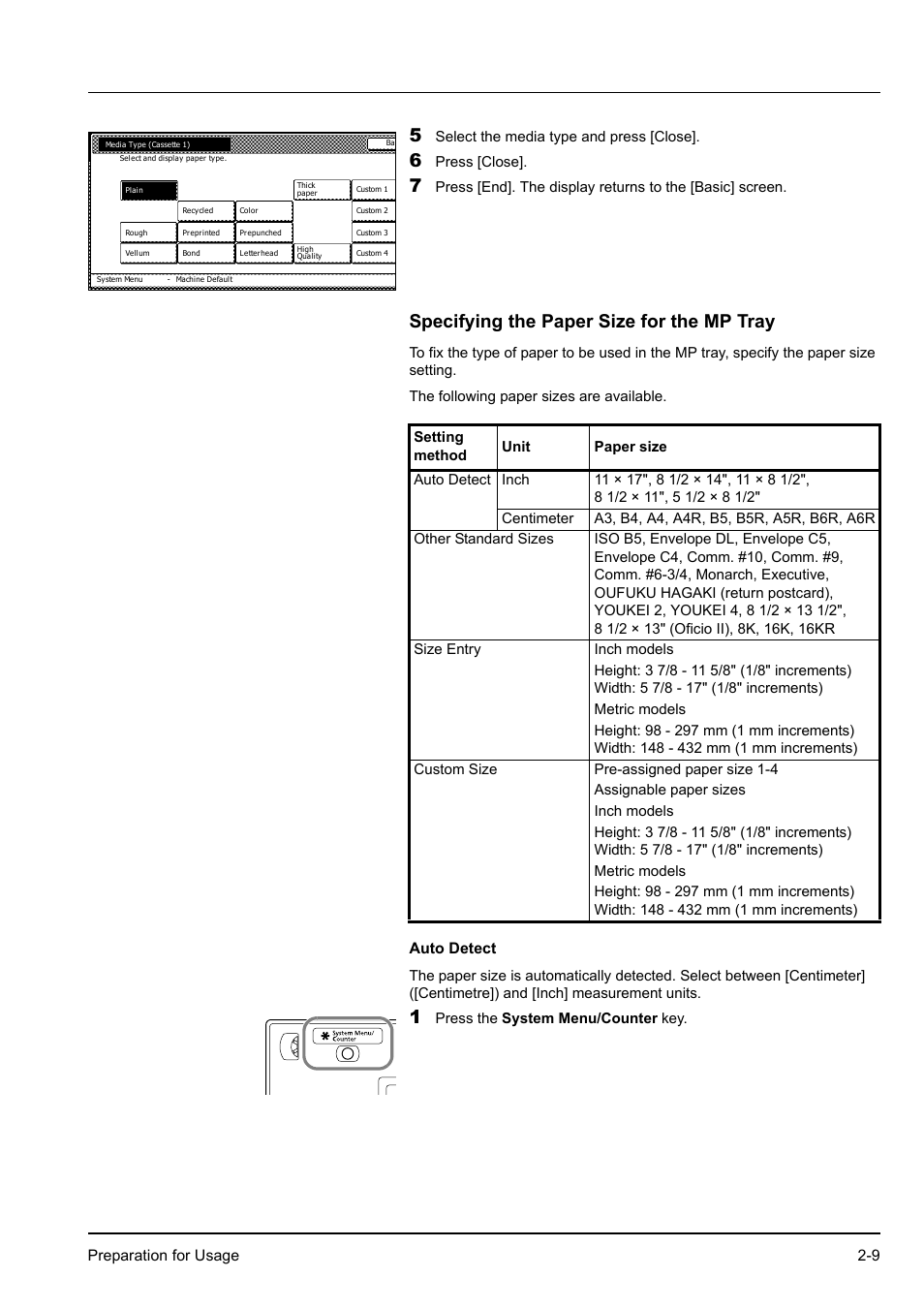 Specifying the paper size for the mp tray, Specifying the paper size for the mp tray -9 | Kyocera KM-2540 User Manual | Page 35 / 119