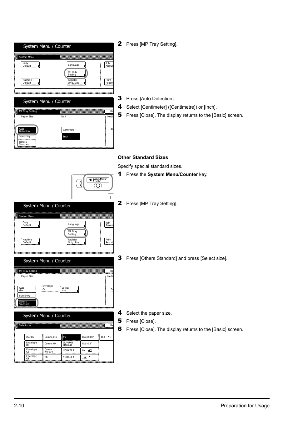 10 preparation for usage, Press [mp tray setting, Press [auto detection | Select [centimeter] ([centimetre]) or [inch, Press the system menu/counter key, Press [others standard] and press [select size, Select the paper size, Press [close, System menu / counter | Kyocera KM-2540 User Manual | Page 36 / 119