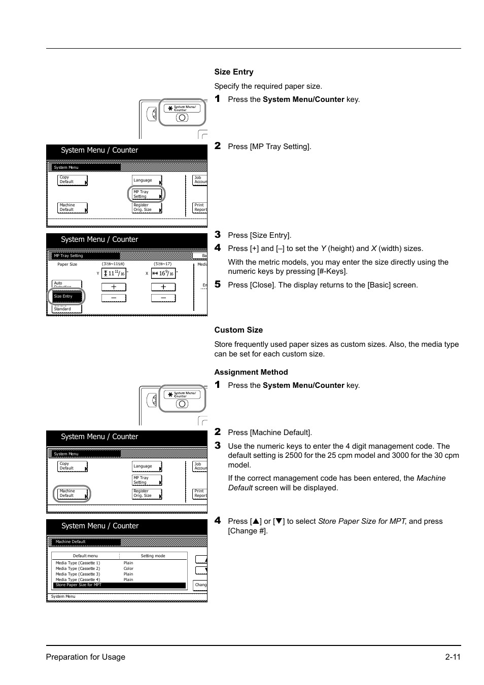 Press the system menu/counter key, Press [mp tray setting, Press [size entry | Press [machine default, System menu / counter | Kyocera KM-2540 User Manual | Page 37 / 119