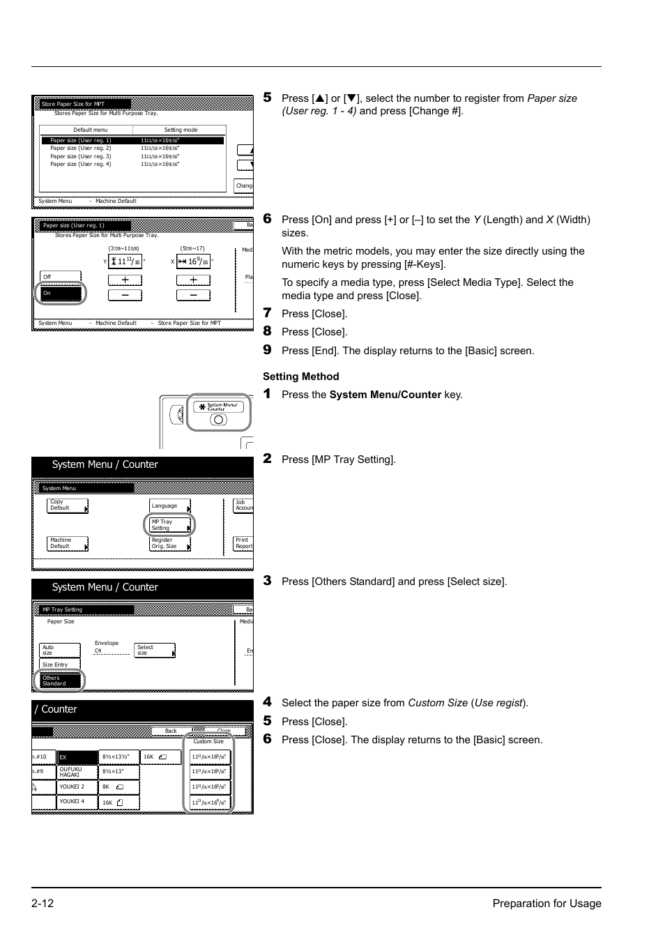 12 preparation for usage, Press [close, Press the system menu/counter key | Press [mp tray setting, Press [others standard] and press [select size, System menu / counter, Counter | Kyocera KM-2540 User Manual | Page 38 / 119