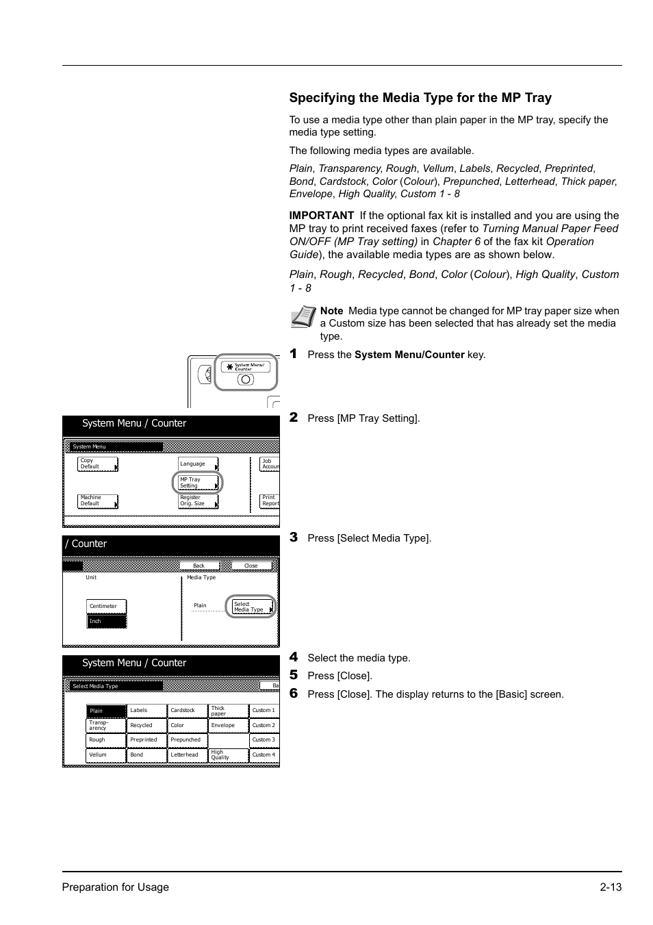 Specifying the media type for the mp tray, Specifying the media type for the mp tray -13, Preparation for usage 2-13 | Press the system menu/counter key, Press [mp tray setting, Press [select media type, Select the media type, Press [close, System menu / counter, Counter | Kyocera KM-2540 User Manual | Page 39 / 119