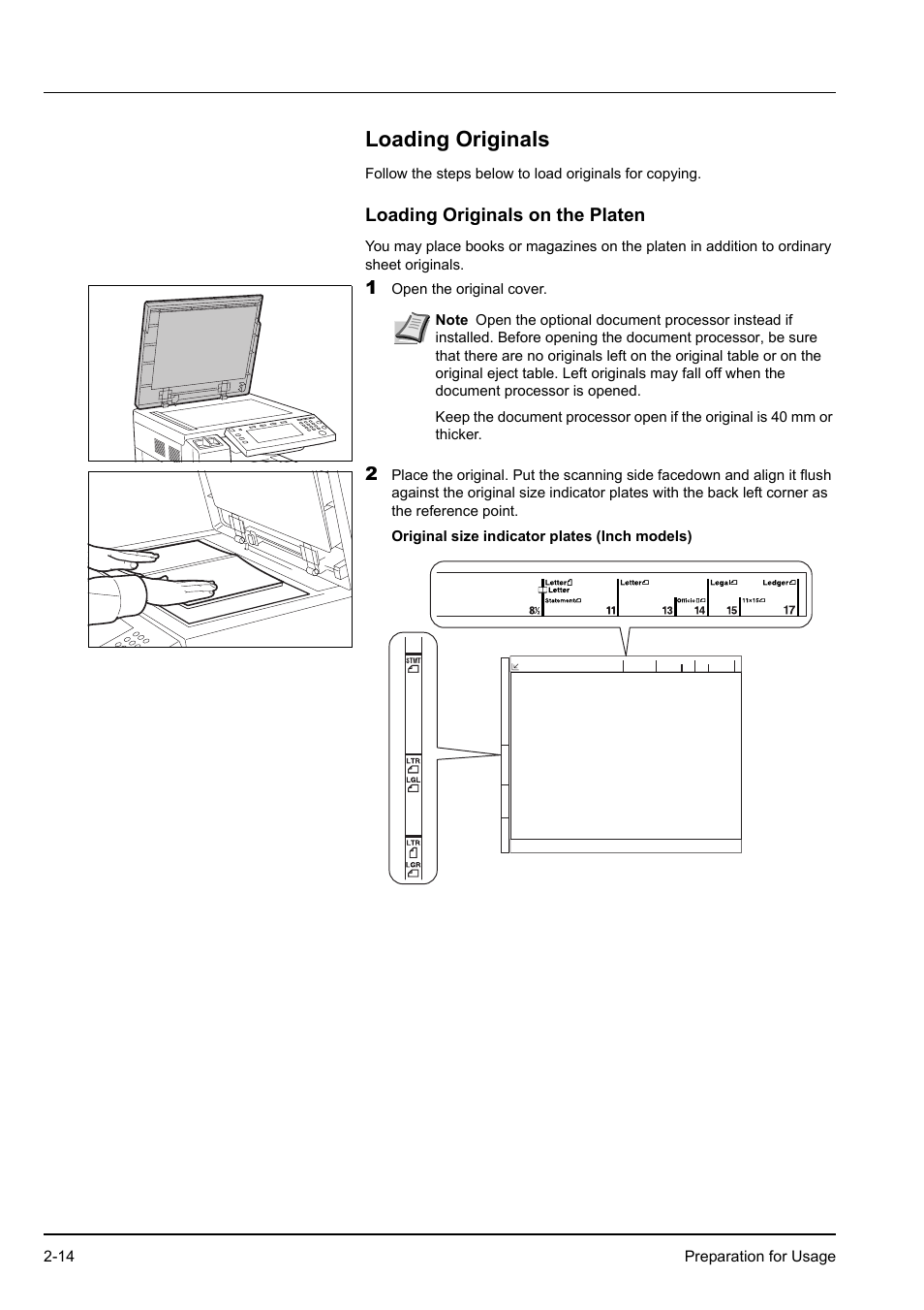 Loading originals, Loading originals on the platen, Loading originals -14 | Loading originals on the platen -14 | Kyocera KM-2540 User Manual | Page 40 / 119