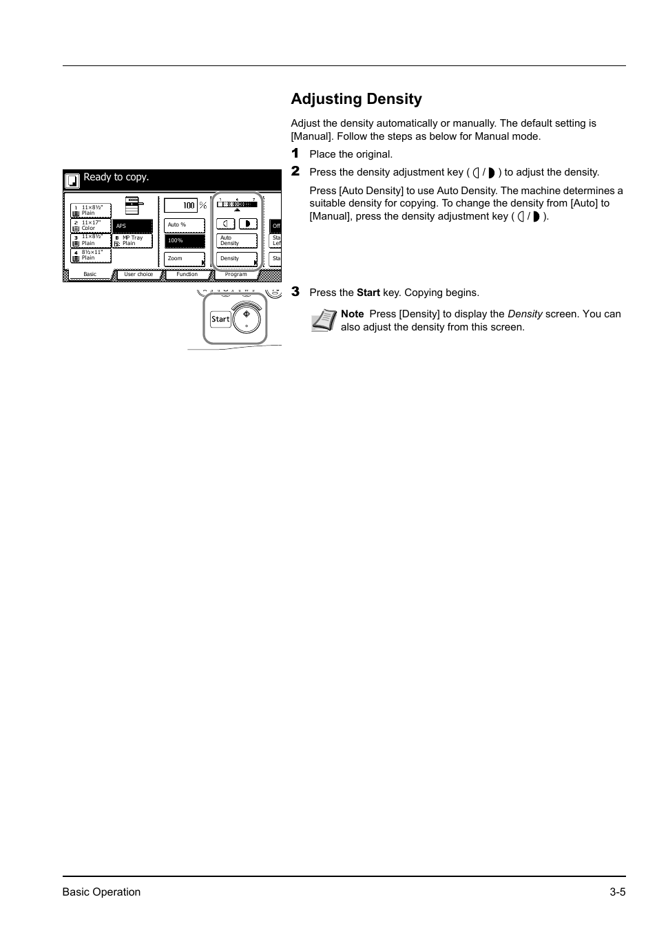 Adjusting density, Adjusting density -5, Basic operation 3-5 | Place the original, Press the start key. copying begins | Kyocera KM-2540 User Manual | Page 49 / 119