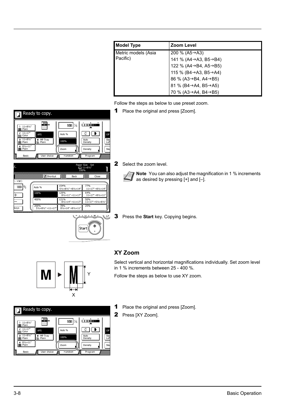 Xy zoom, Xy zoom -8, Place the original and press [zoom | Select the zoom level, Press the start key. copying begins, Ready to copy | Kyocera KM-2540 User Manual | Page 52 / 119