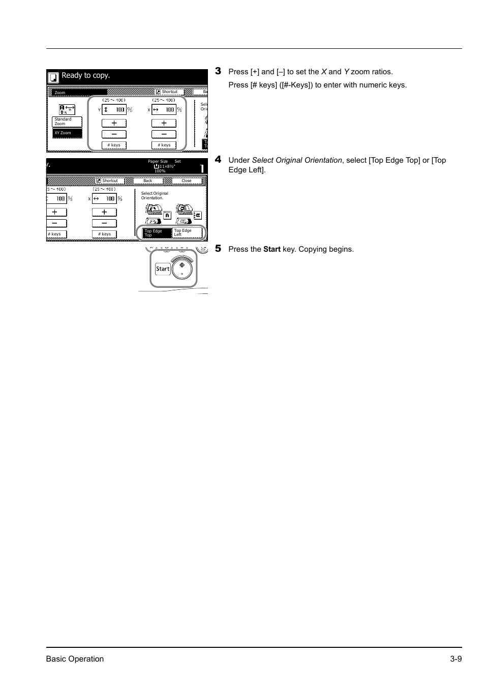Basic operation 3-9, Press the start key. copying begins, Ready to copy | Kyocera KM-2540 User Manual | Page 53 / 119