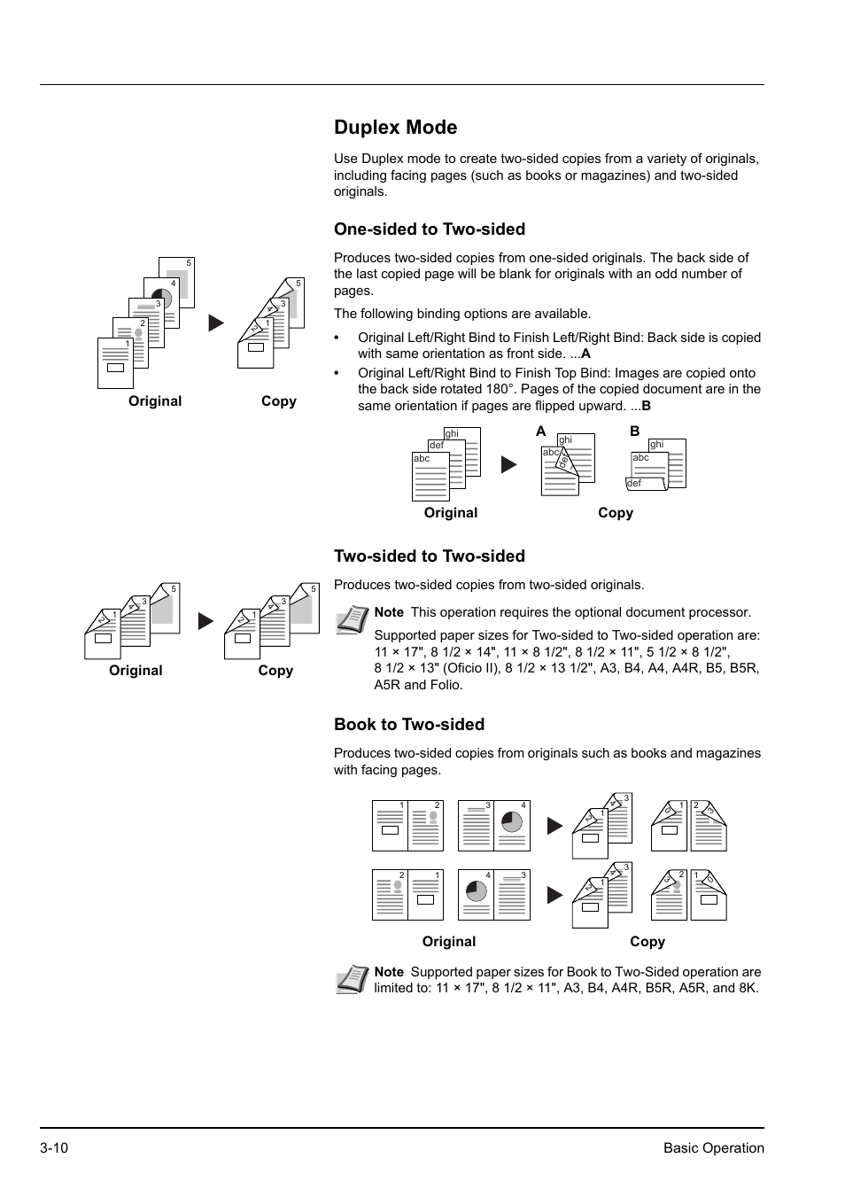 Duplex mode, One-sided to two-sided, Two-sided to two-sided | Book to two-sided, Duplex mode -10, 10 basic operation, Produces two-sided copies from two-sided originals, Original copy a b original copy, Original copy | Kyocera KM-2540 User Manual | Page 54 / 119