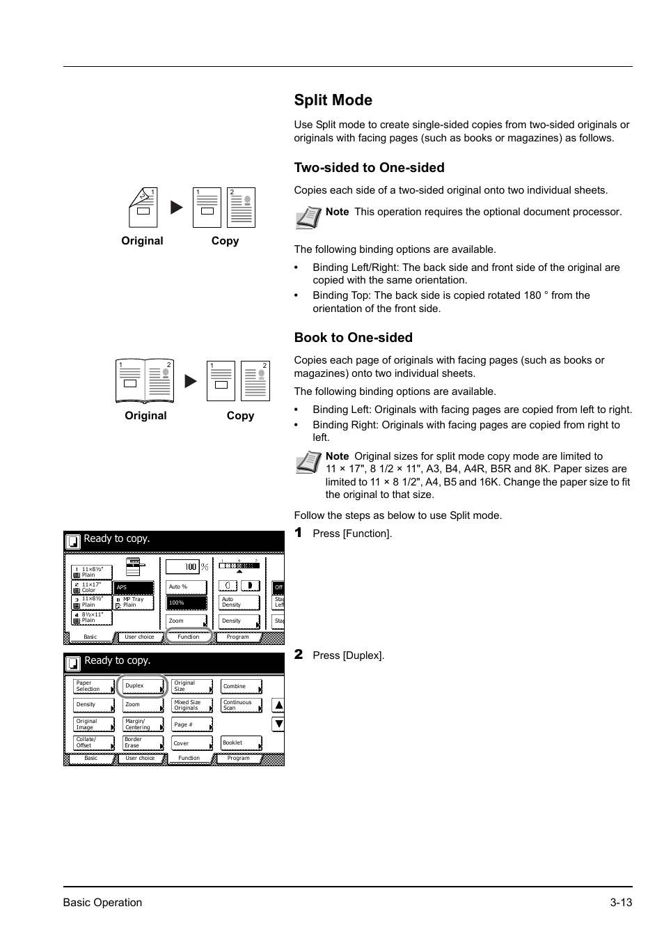 Split mode, Two-sided to one-sided, Book to one-sided | Split mode -13, Two-sided to one-sided -13 book to one-sided -13, Basic operation 3-13, Press [function, Press [duplex, Ready to copy | Kyocera KM-2540 User Manual | Page 57 / 119
