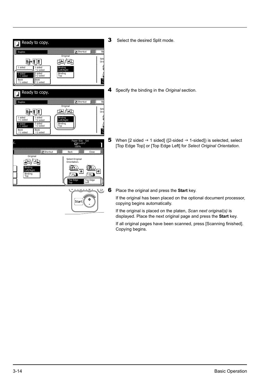 14 basic operation, Select the desired split mode, Ready to copy | Kyocera KM-2540 User Manual | Page 58 / 119