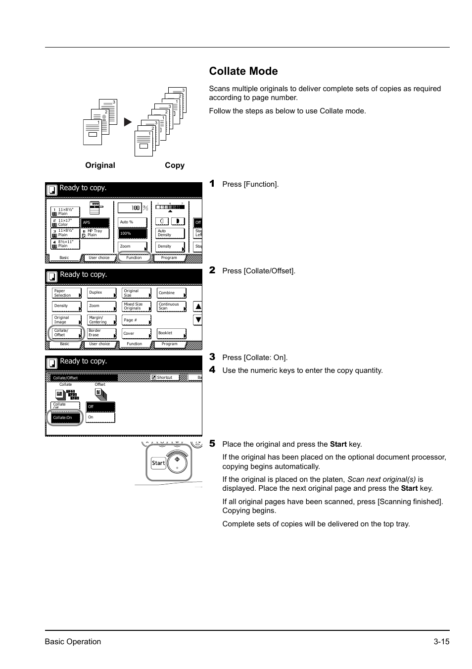 Collate mode, Collate mode -15, Basic operation 3-15 | Press [function, Press [collate/offset, Press [collate: on, Use the numeric keys to enter the copy quantity, Original copy, Ready to copy | Kyocera KM-2540 User Manual | Page 59 / 119