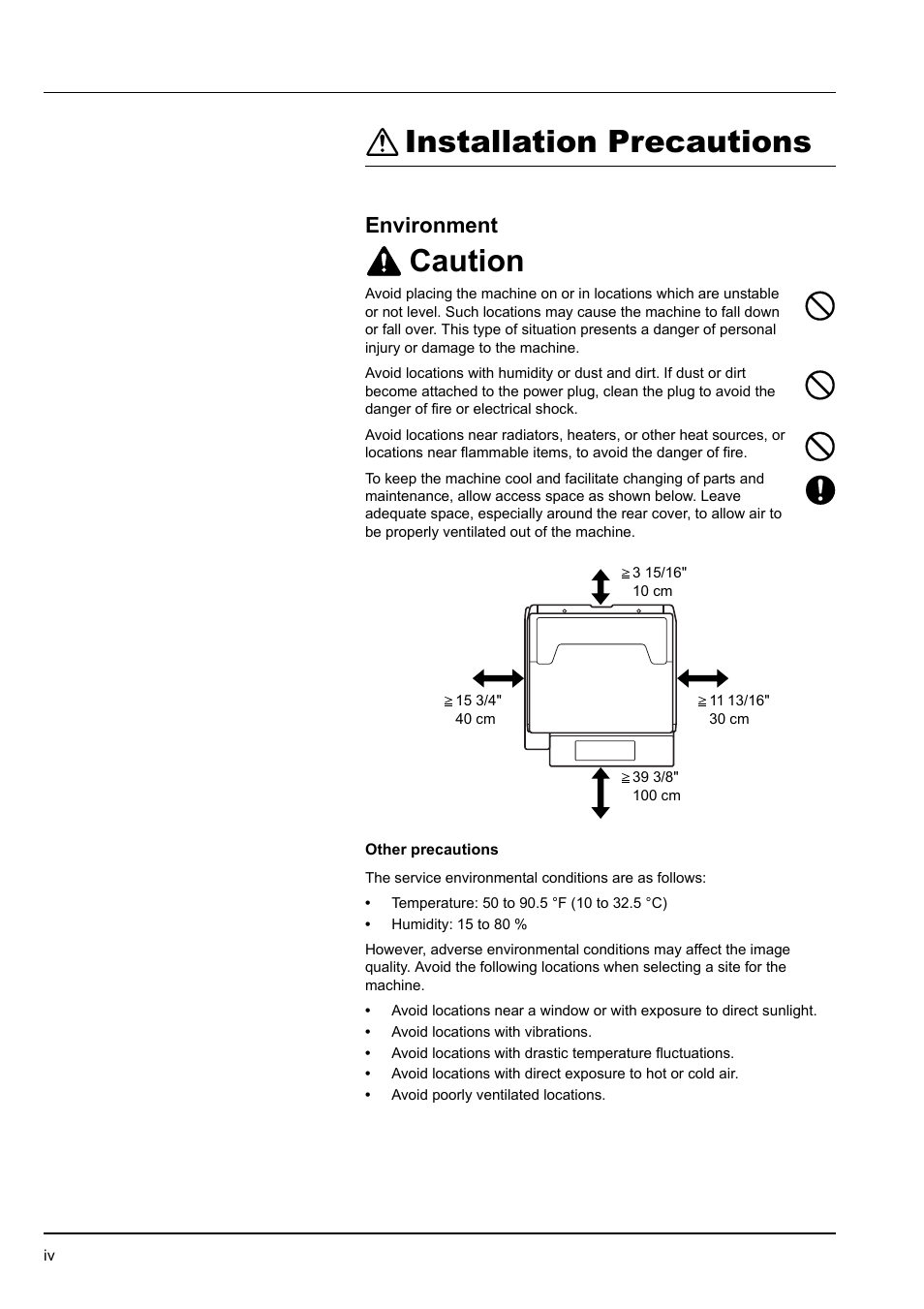Installation precautions, Caution, Environment | Kyocera KM-2540 User Manual | Page 6 / 119