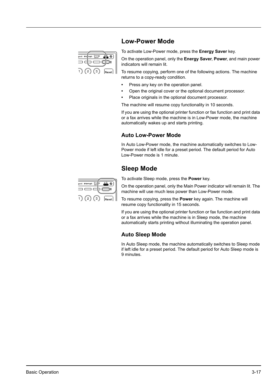 Low-power mode, Auto low-power mode, Sleep mode | Auto sleep mode, Low-power mode -17 sleep mode -17, Auto low-power mode -17, Auto sleep mode -17 | Kyocera KM-2540 User Manual | Page 61 / 119