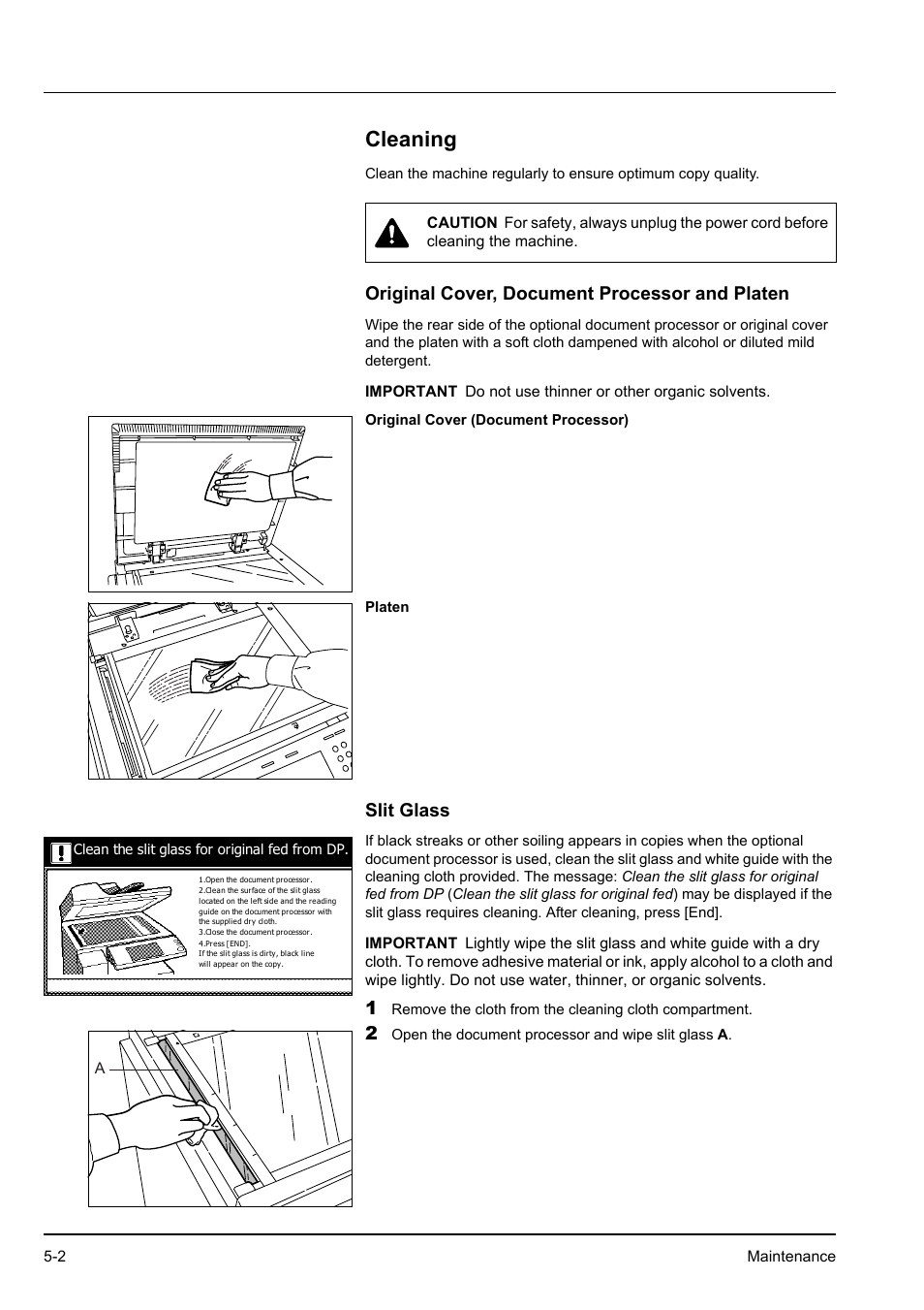 Cleaning, Original cover, document processor and platen, Slit glass | Cleaning -2 | Kyocera KM-2540 User Manual | Page 72 / 119