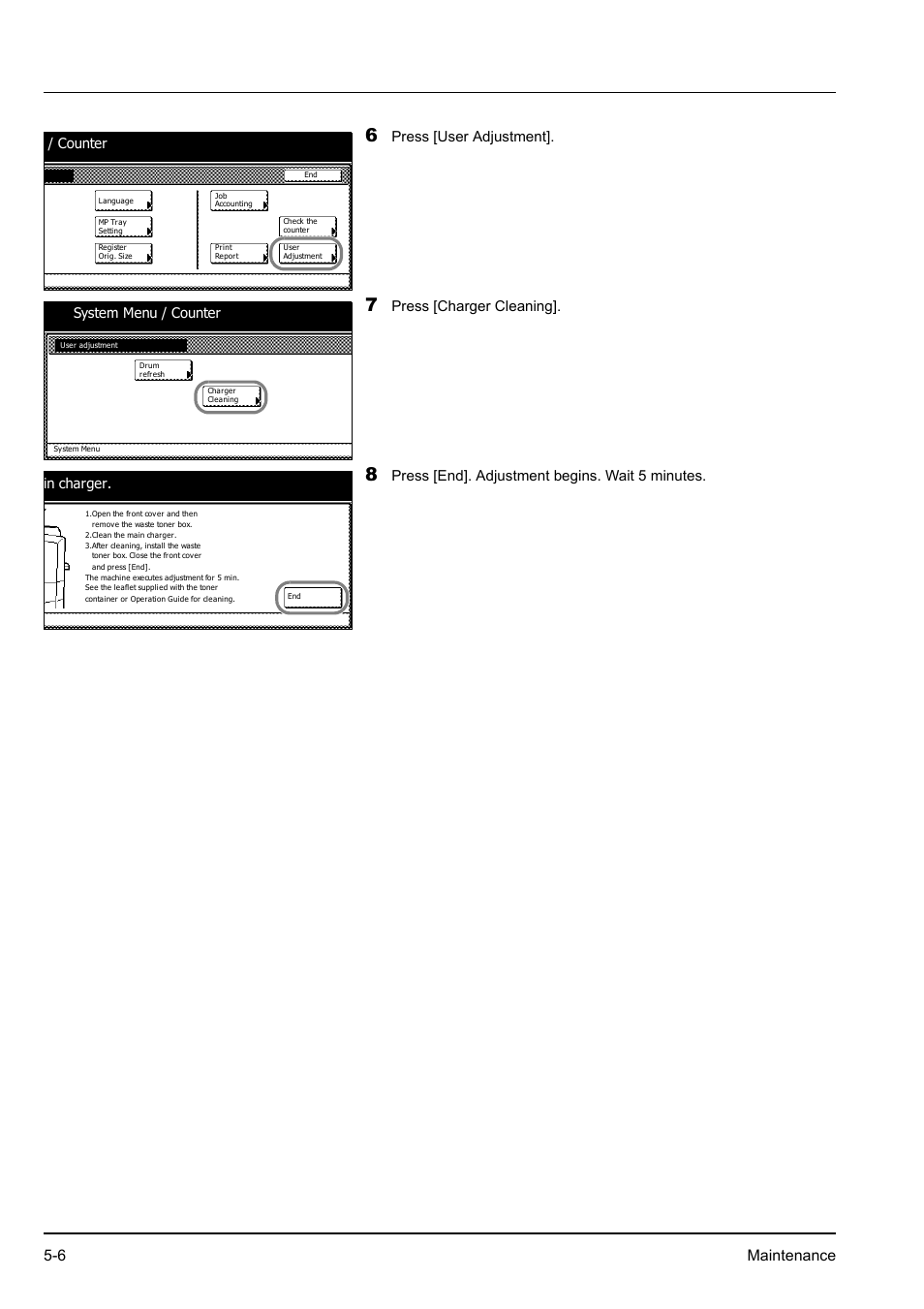 6 maintenance, Press [user adjustment, Press [charger cleaning | Press [end]. adjustment begins. wait 5 minutes, Counter, System menu / counter | Kyocera KM-2540 User Manual | Page 76 / 119