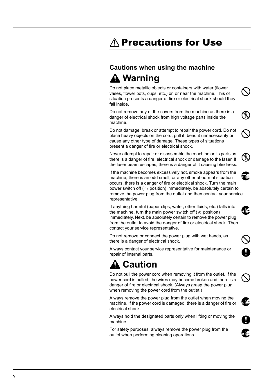 Precautions for use, Warning, Caution | Cautions when using the machine | Kyocera KM-2540 User Manual | Page 8 / 119
