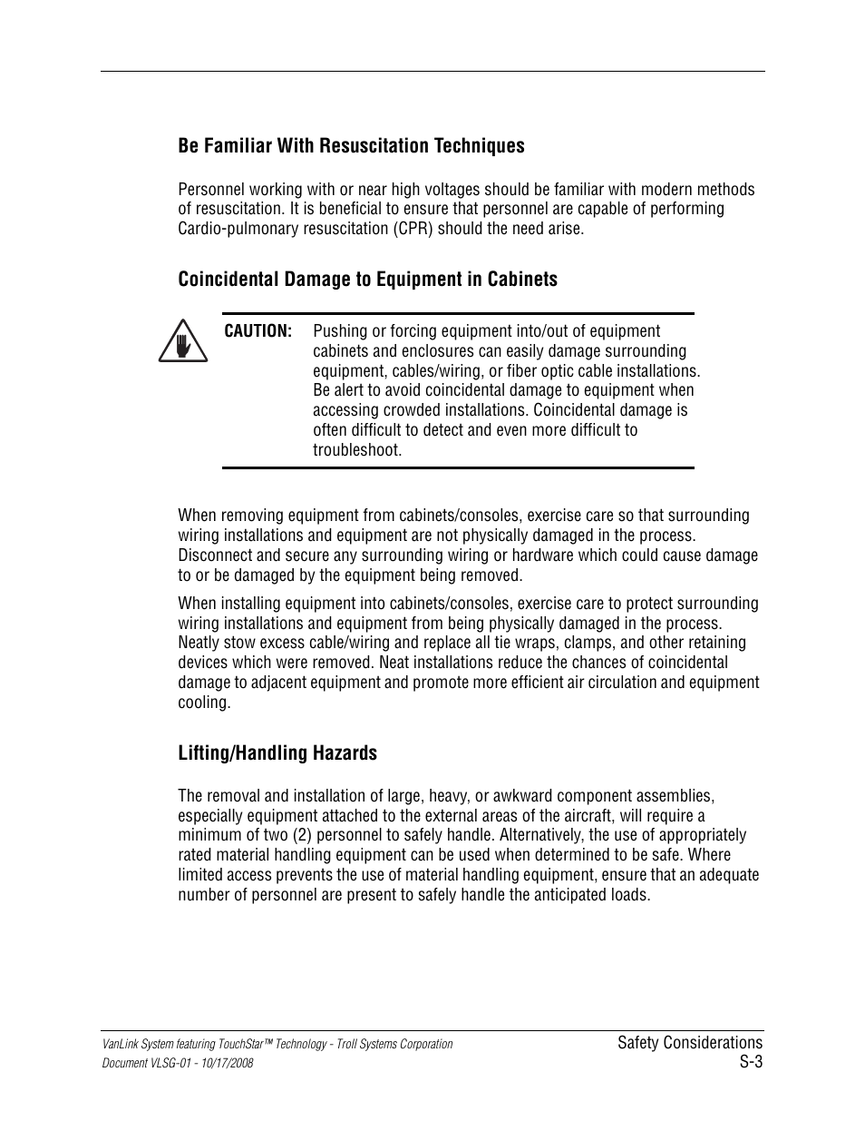 Be familiar with resuscitation techniques, Coincidental damage to equipment in cabinets, Lifting/handling hazards | Kyocera VLSG-01 User Manual | Page 15 / 41