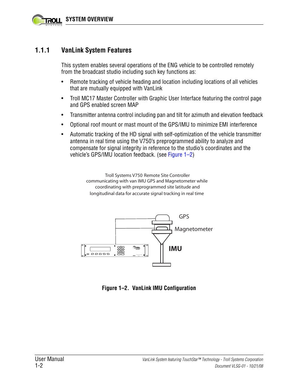 1 vanlink system features, Figure 1-2. vanlink imu configuration, Vanlink system features -2 | Kyocera VLSG-01 User Manual | Page 20 / 41