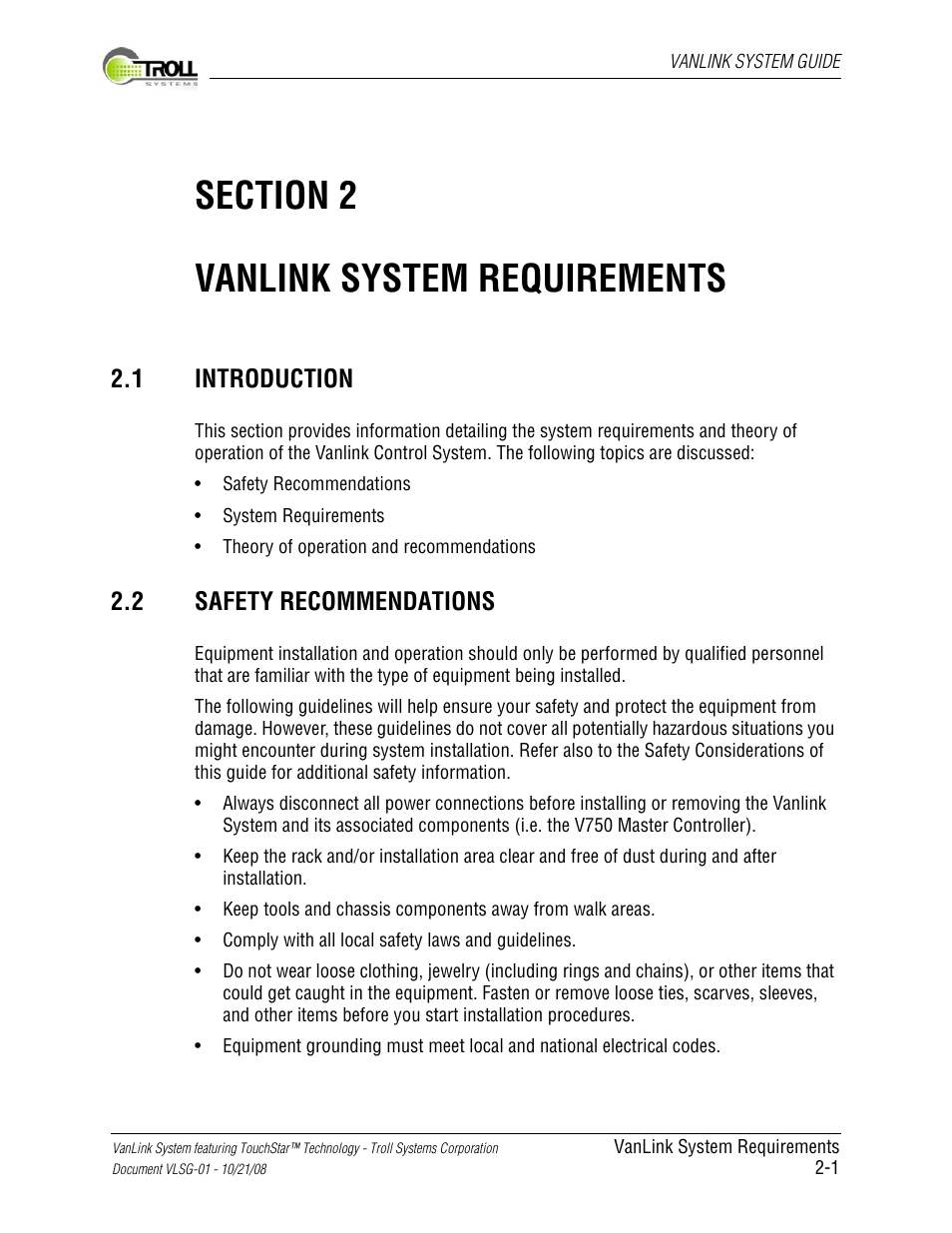 Section 2, Vanlink system requirements, 1 introduction | 2 safety recommendations, Introduction -1, Safety recommendations -1 | Kyocera VLSG-01 User Manual | Page 23 / 41