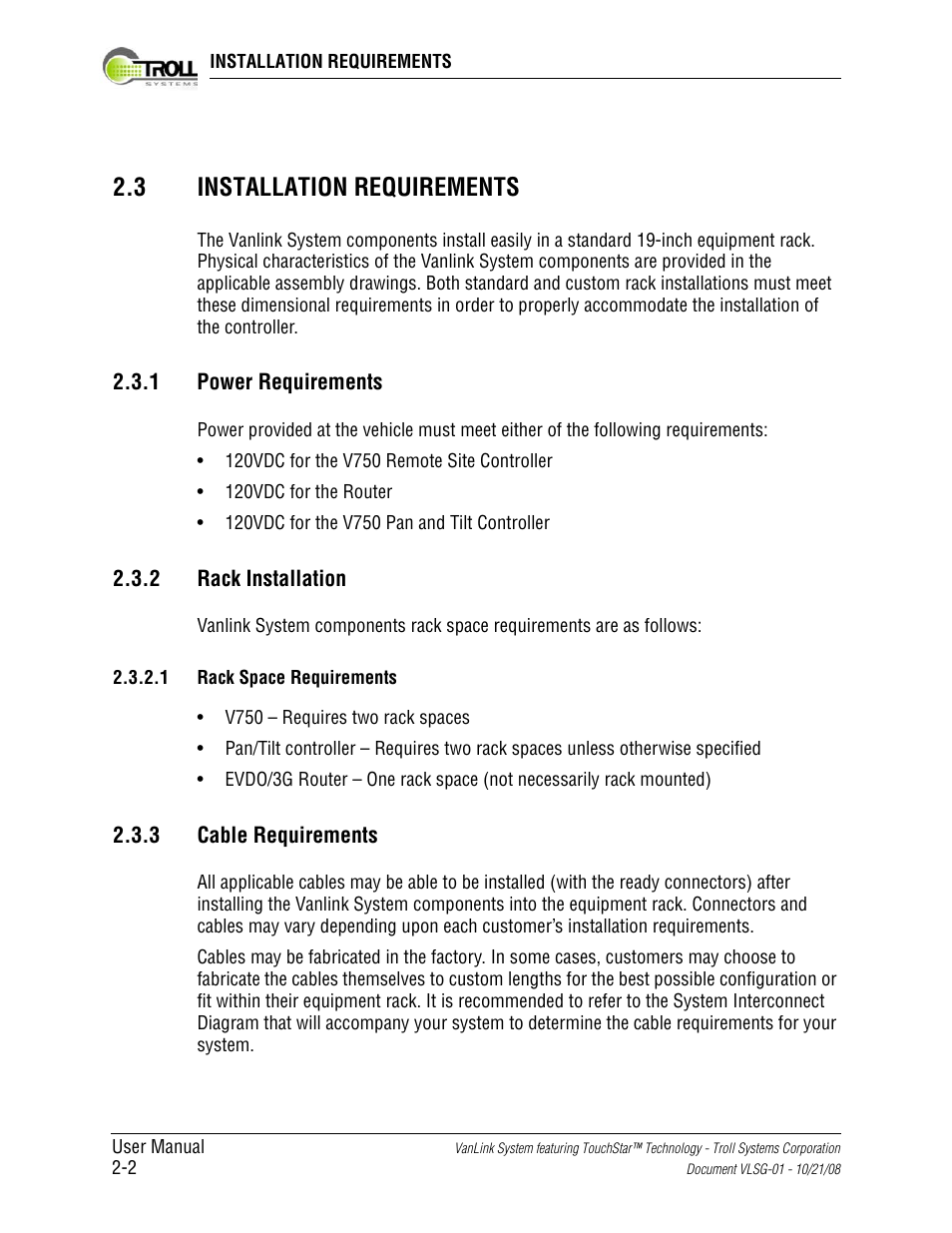 3 installation requirements, 1 power requirements, 2 rack installation | 1 rack space requirements, 3 cable requirements, Installation requirements -2, Power requirements -2, Rack installation -2, Rack space requirements -2, Cable requirements -2 | Kyocera VLSG-01 User Manual | Page 24 / 41