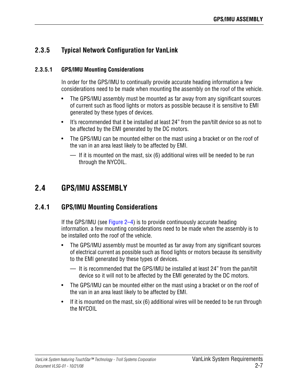 5 typical network configuration for vanlink, 1 gps/imu mounting considerations, 4 gps/imu assembly | Typical network configuration for vanlink -7, Gps/imu mounting considerations -7, Gps/imu assembly -7 | Kyocera VLSG-01 User Manual | Page 29 / 41