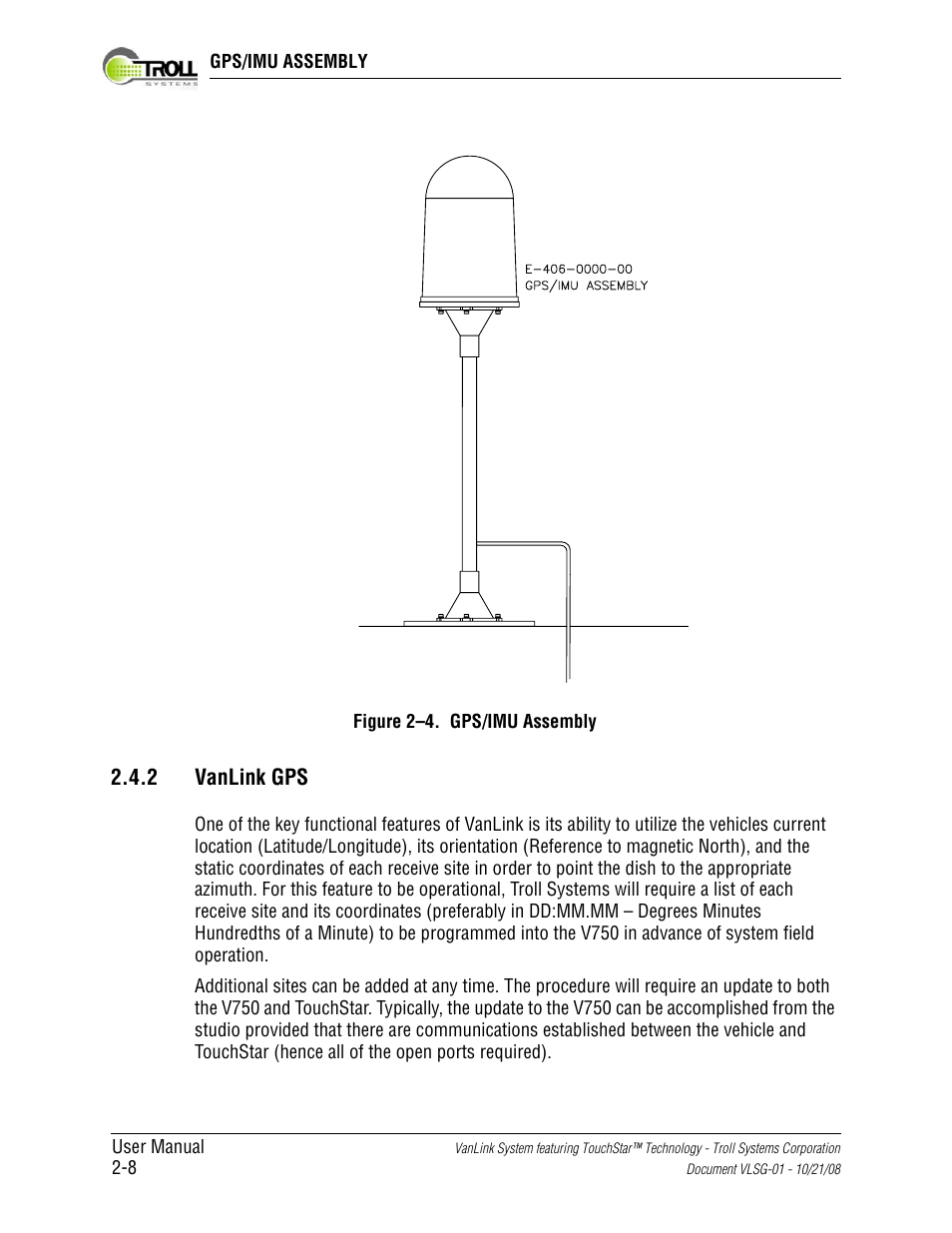 Figure 2-4. gps/imu assembly, 2 vanlink gps, Vanlink gps -8 | Kyocera VLSG-01 User Manual | Page 30 / 41