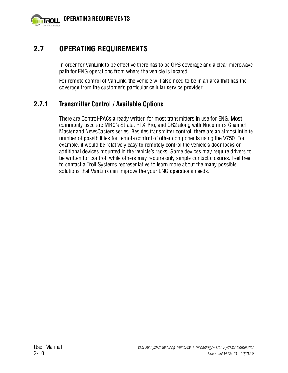 7 operating requirements, 1 transmitter control / available options, Operating requirements -10 | Transmitter control / available options -10 | Kyocera VLSG-01 User Manual | Page 32 / 41