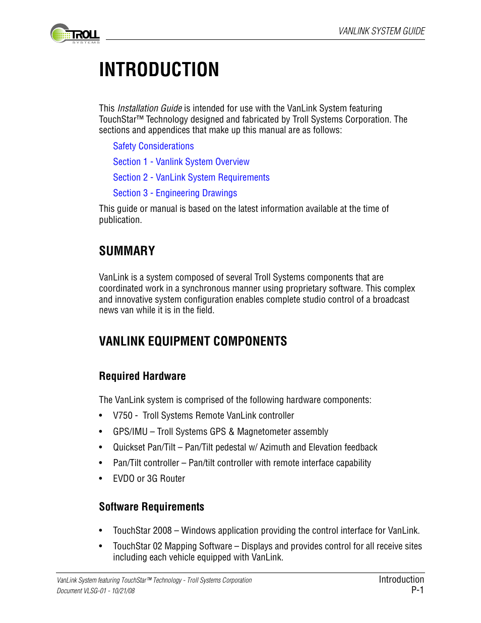 Introduction, Summary, Vanlink equipment components | Required hardware, Software requirements | Kyocera VLSG-01 User Manual | Page 5 / 41