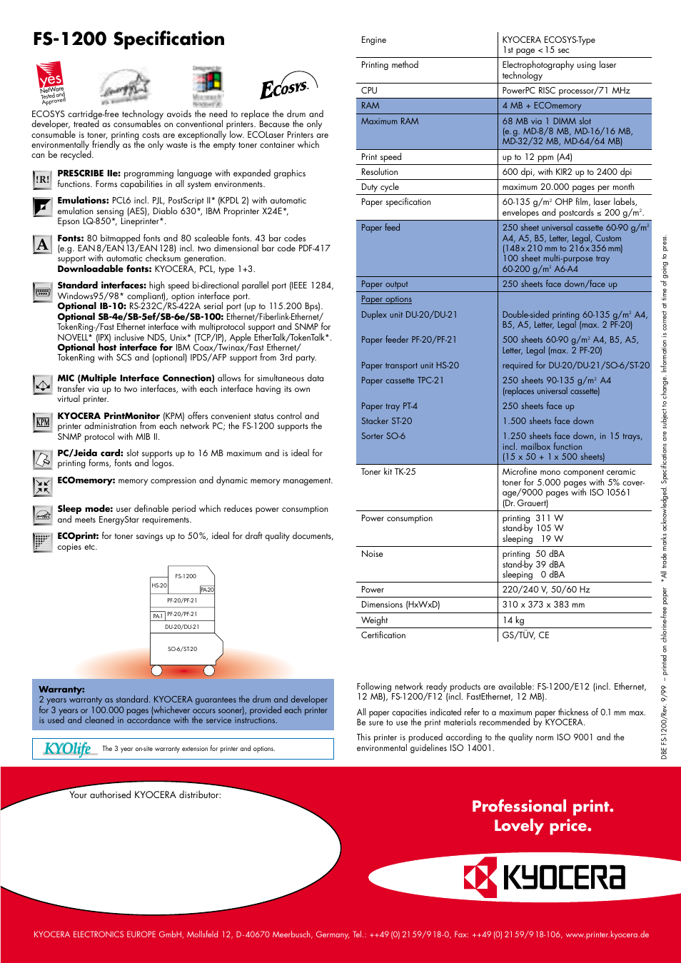 Fs-1200 specification, Professional print. lovely price | Kyocera Ecosys FS-1200 User Manual | Page 2 / 2