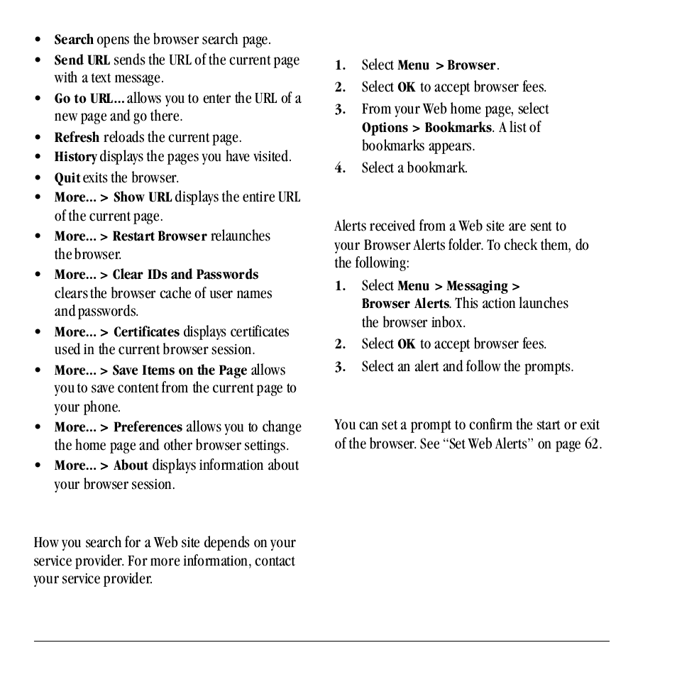 Search for a web site, Use a bookmark, Check browser alerts | Set web prompt | Kyocera Neo E1100 User Manual | Page 24 / 89