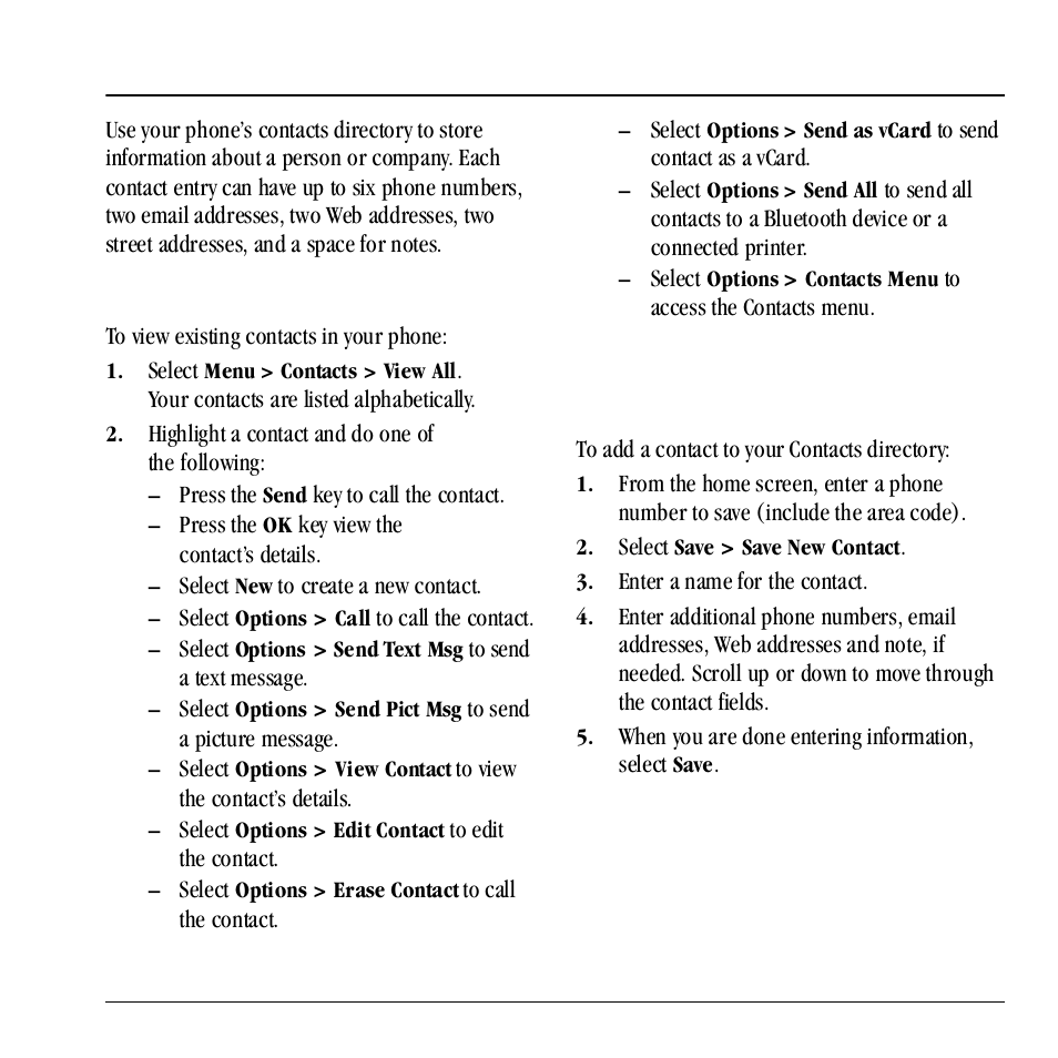 5 contacts, View contacts directory, Add contacts | 5contacts, Add contact from home screen | Kyocera Neo E1100 User Manual | Page 25 / 89