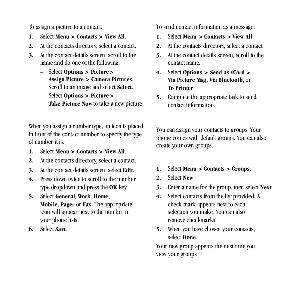 Contact groups, Assign picture to a contact, Assign number type | Send a vcard, Create a group | Kyocera Neo E1100 User Manual | Page 29 / 89