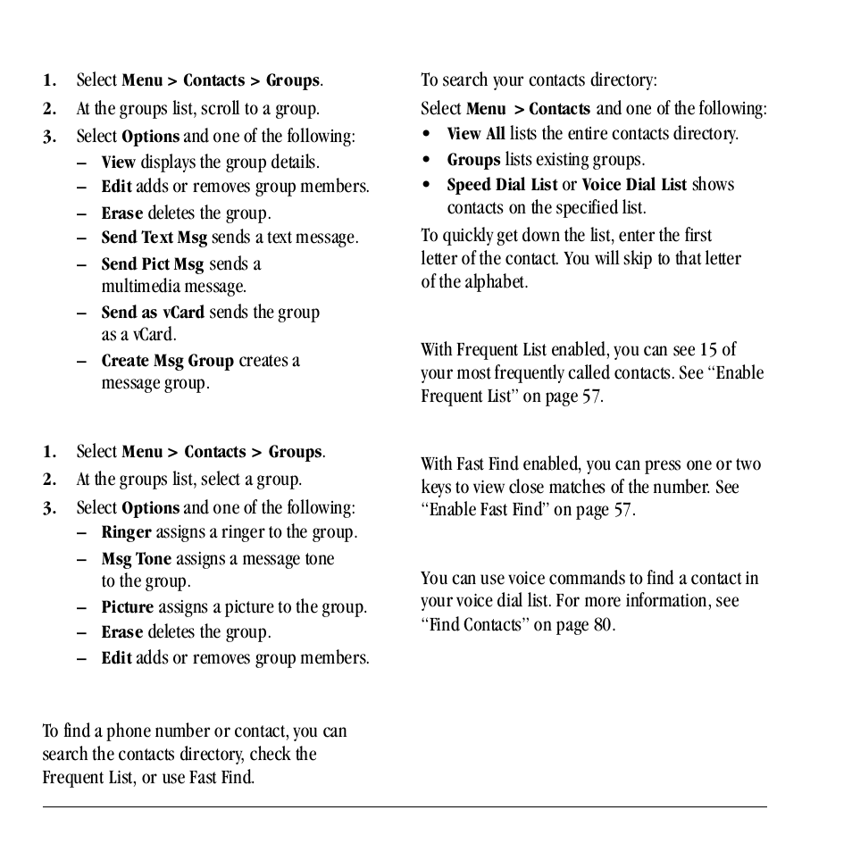 Search contacts, Use a group, Customize a group | Contacts directory, Frequent list, Fast find, Voice search | Kyocera Neo E1100 User Manual | Page 30 / 89