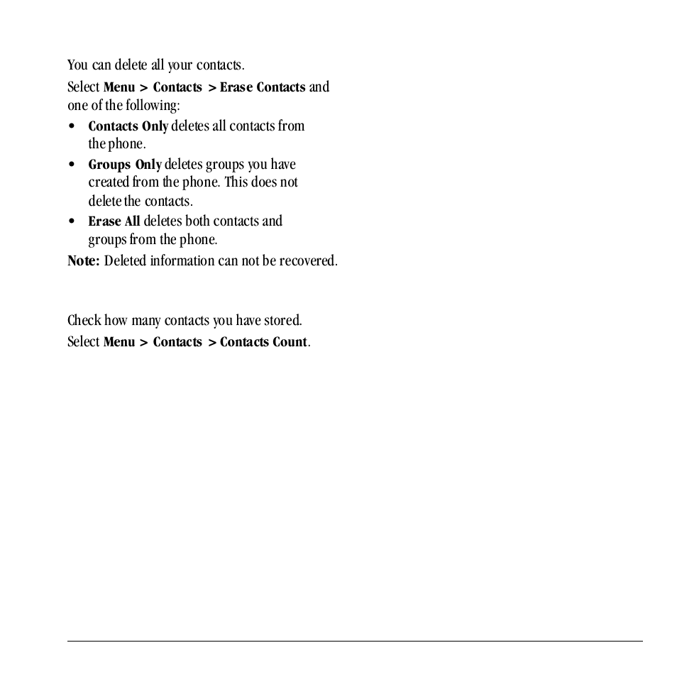 Erase all contacts, Count contacts | Kyocera Neo E1100 User Manual | Page 31 / 89