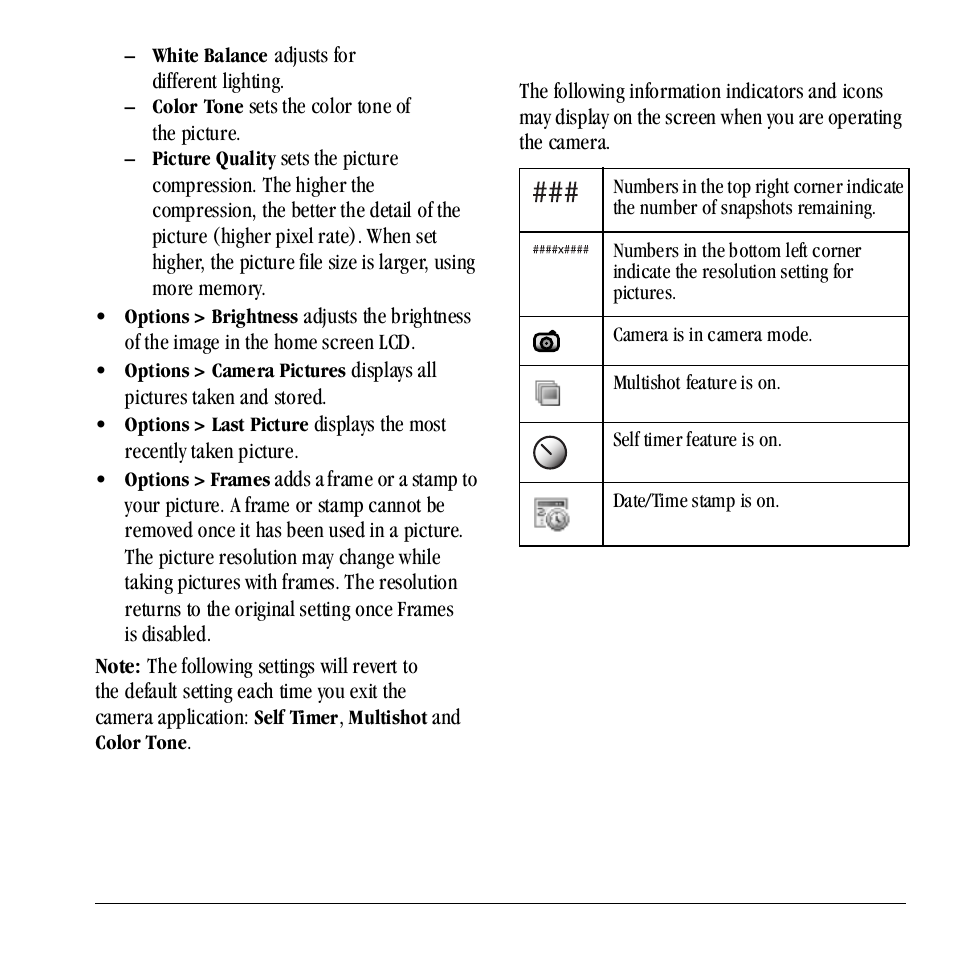 Camera indicators and icons | Kyocera Neo E1100 User Manual | Page 33 / 89