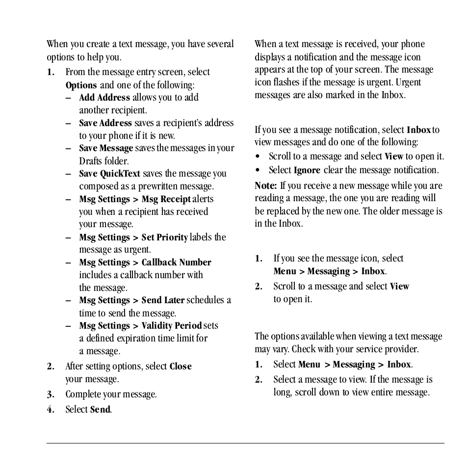 Use text message options, Retrieve a text message, View a text message | Kyocera Neo E1100 User Manual | Page 35 / 89