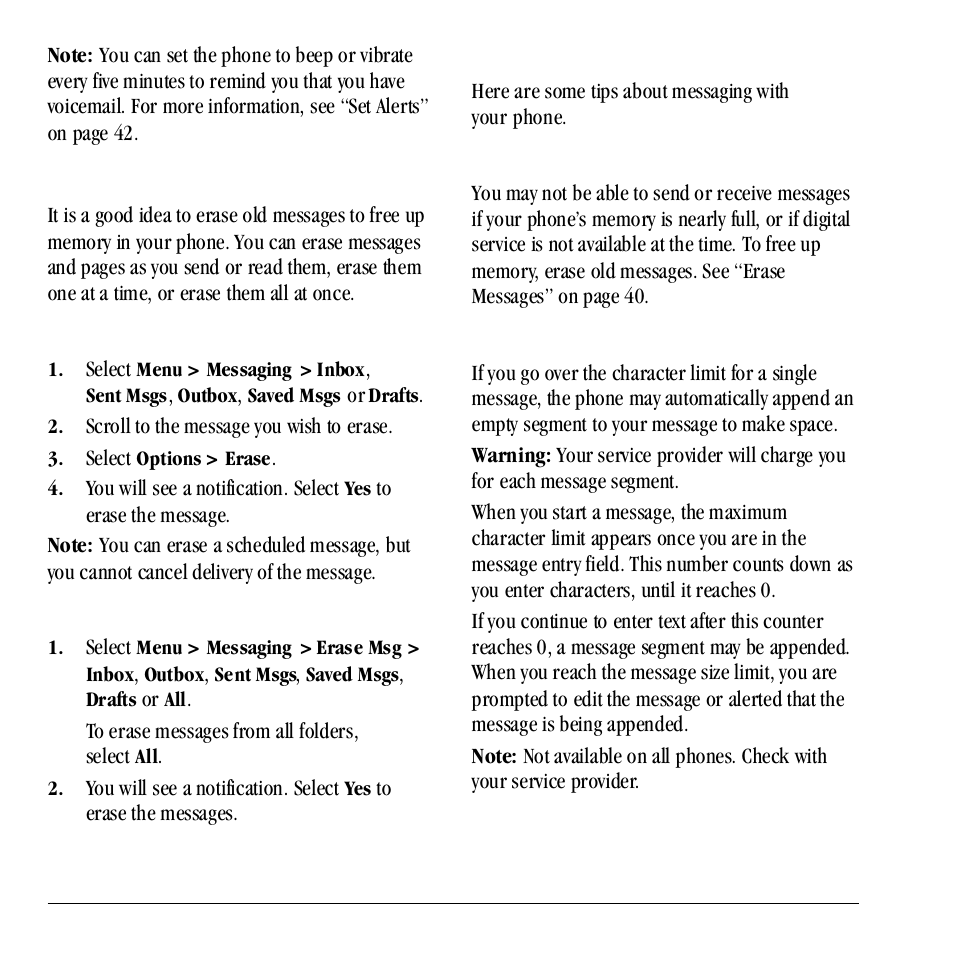 Erase messages, Work with messages, Erase a single message | Erase all messages, Unable to send messages, Appended messages | Kyocera Neo E1100 User Manual | Page 40 / 89