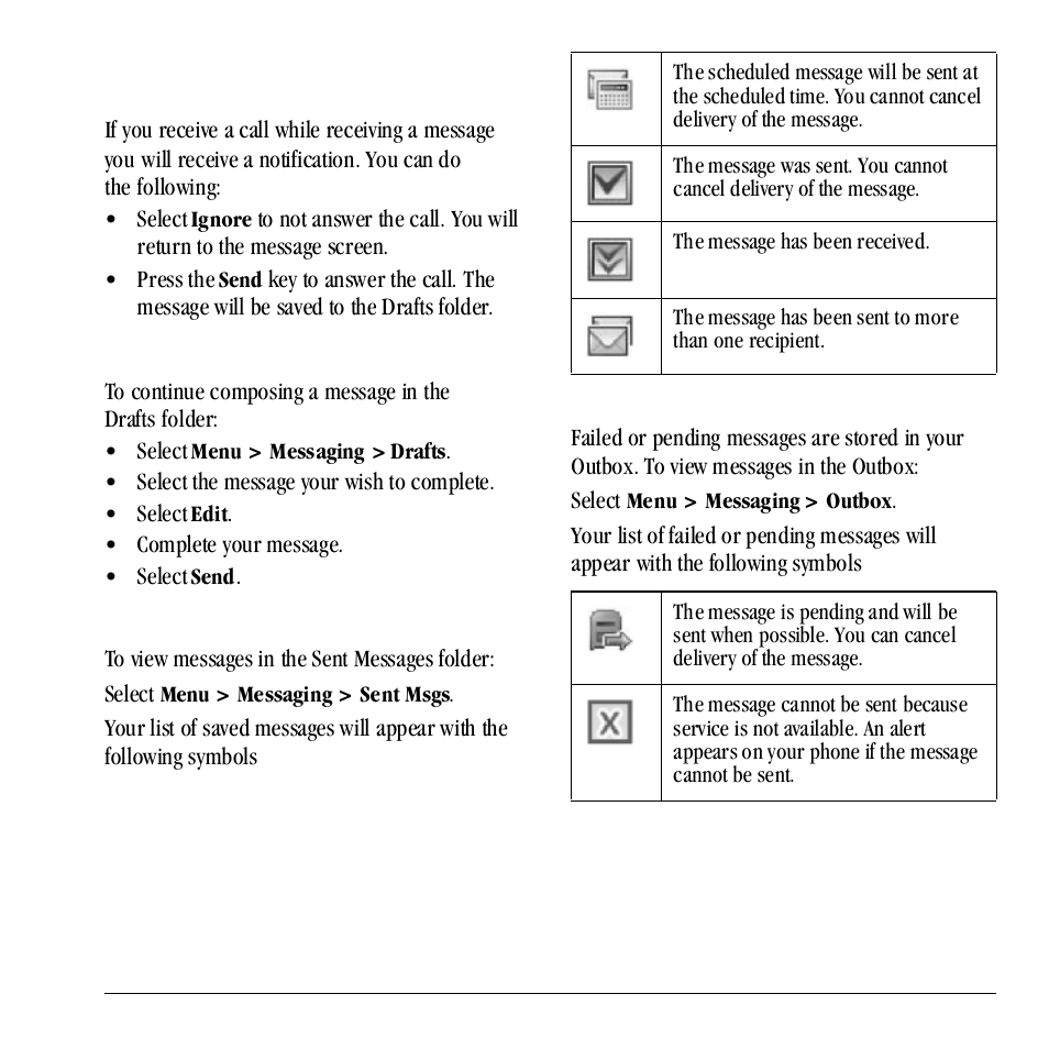 Incoming calls while creating messages, Complete messages in drafts folder, View sent messages | View failed or pending messages | Kyocera Neo E1100 User Manual | Page 41 / 89