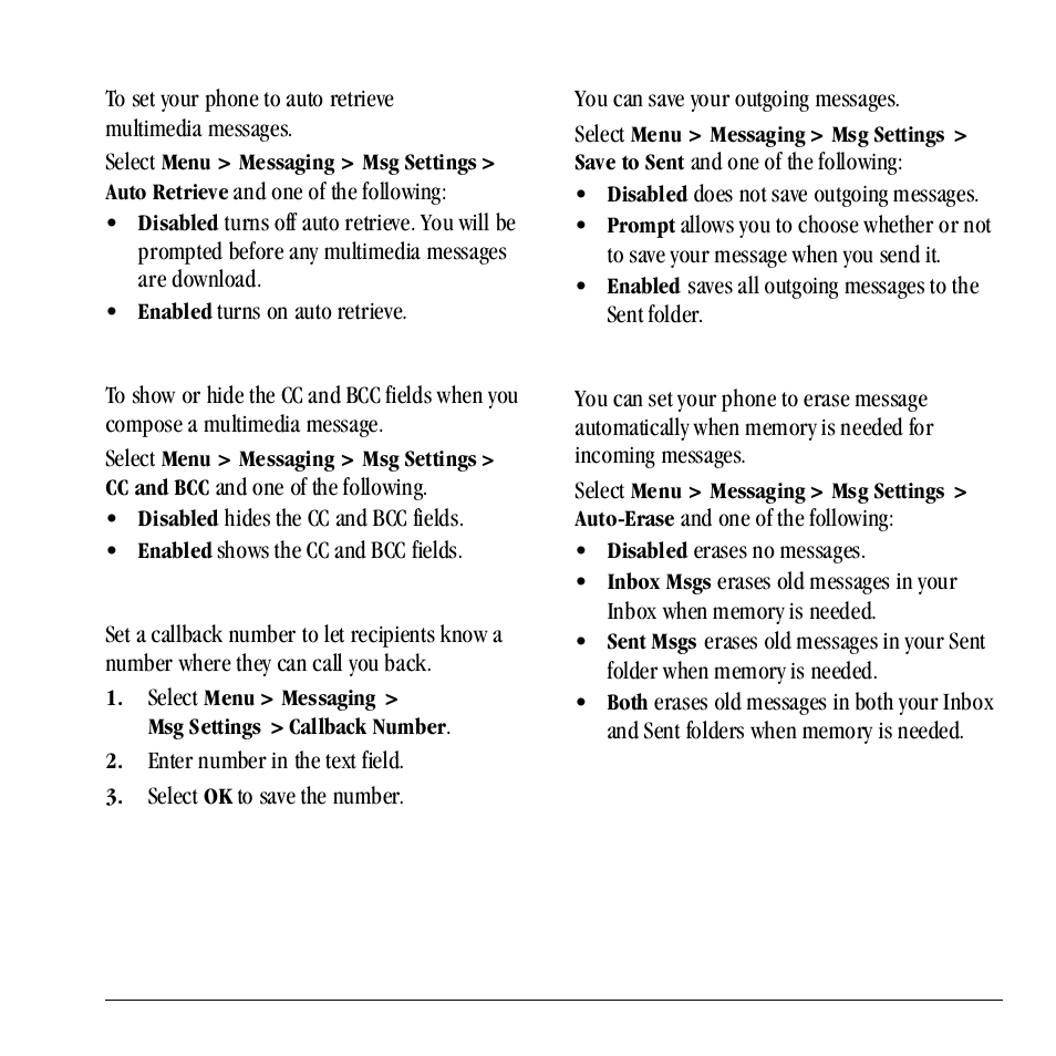 Enable auto retrieve, Enable cc/bcc fields, Set callback number | Enable save to sent, Enable auto-erase | Kyocera Neo E1100 User Manual | Page 43 / 89