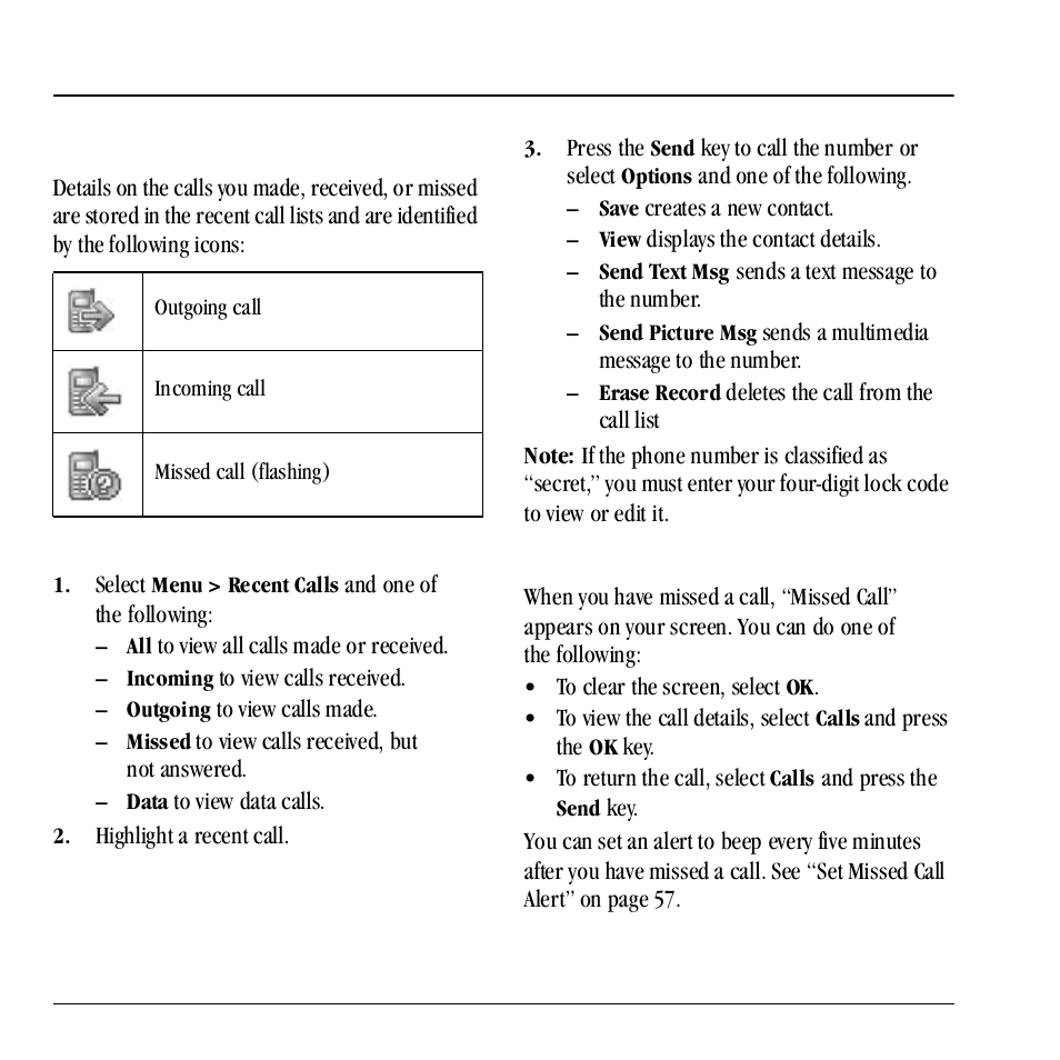 8 recent calls, Call lists, 8recent calls | View call lists, Deal with a missed call | Kyocera Neo E1100 User Manual | Page 46 / 89