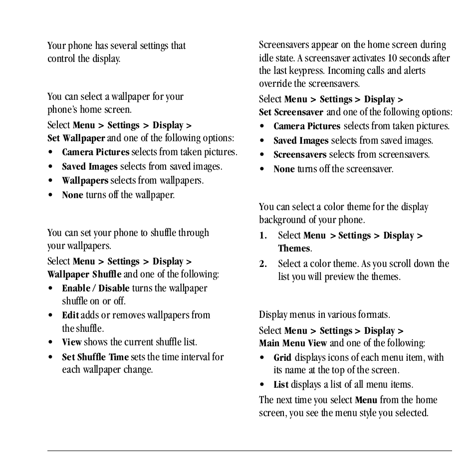 Display, Set wallpaper, Enable wallpaper shuffle | Set screensaver, Set theme, Set main menu view | Kyocera Neo E1100 User Manual | Page 53 / 89