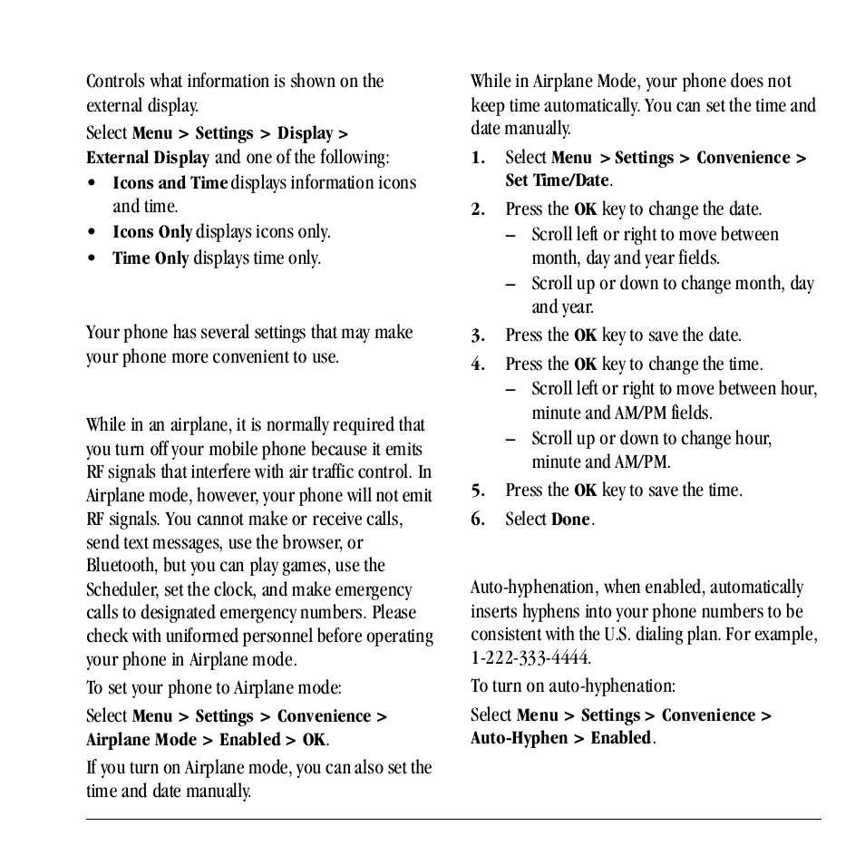 Convenience, Set external display, Enable airplane mode | Set date and time, Enable auto-hyphenation | Kyocera Neo E1100 User Manual | Page 55 / 89