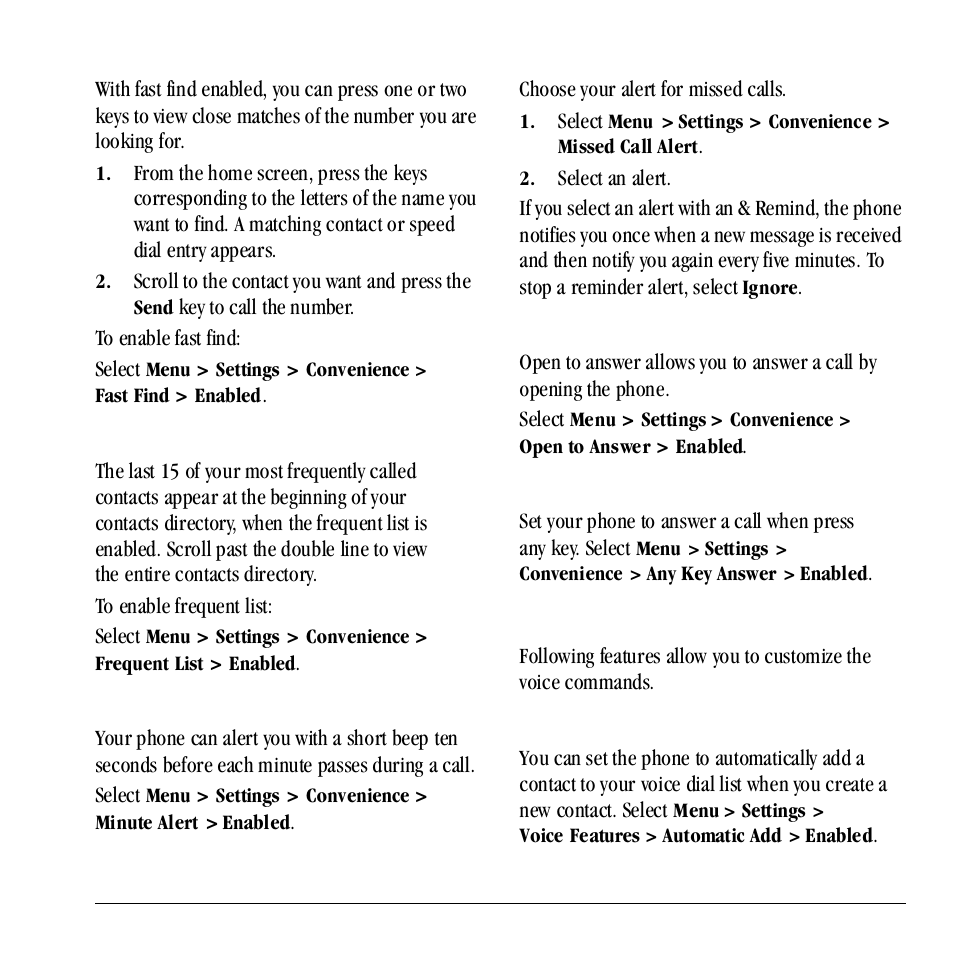 Voice features, Enable fast find, Enable frequent list | Enable minute alert, Set missed call alert, Enable open to answer, Enable any key answer, Enable automatic add | Kyocera Neo E1100 User Manual | Page 57 / 89